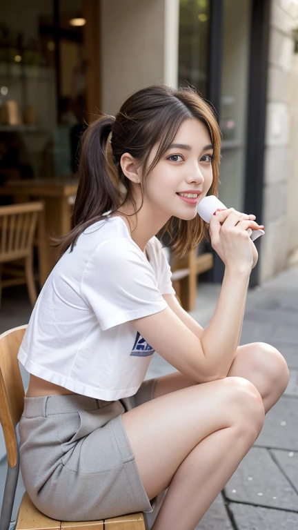 (RAW Photos), (Realistic), (masterpiece), (Highest quality), High resolution, 8K,(Volumetric Light),  woman, Age 25, Short Ponytail, Straight hair, Layered Hair, Brown Hair, Very beautiful eyes, Source order, Very thin eyebrows, Very fine skin, Very beautiful mouth, Very nice nose, Cute like an idol,A smile showing white teeth, (Thick lips), (Looking at the audience), (Printed T-shirt,Cotton shorts),( Sitting on a chair in an outdoor cafe drinking juice),(From the whole body to the toes:1.3),(Side Shot),(Cowboy Shot),(Natural pose),(Bold Pose),Put your right hand on your knee,(drink juice with left hand),(Side view:1.3),(Low - Angle)