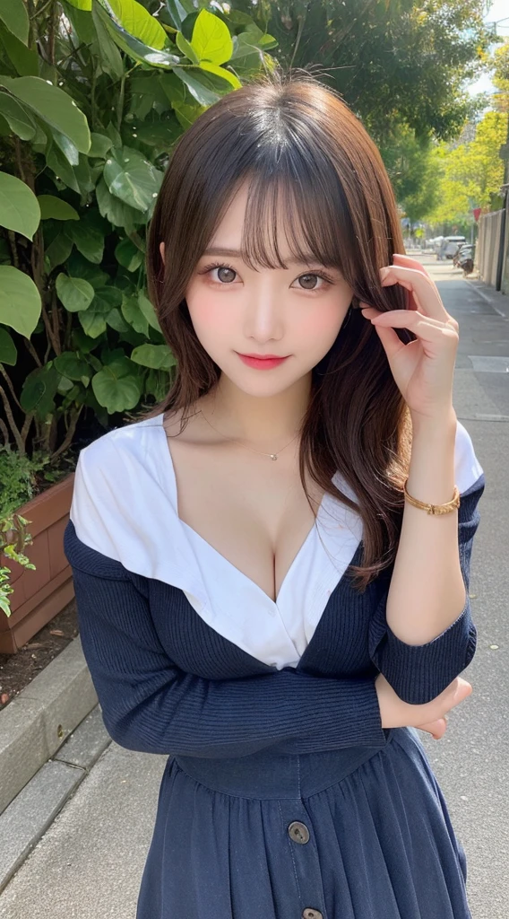 Tabletop, Highest quality, shape, Very detailed, finely, High resolution, 8k wallpaper, 完璧なダイナミックな構shape, Beautiful and exquisite, Nice spring clothes,Beautiful straight hair,Small ,Natural color lip, 20-year-old girl、cute、Always blur the background,Perfect and beautiful face,Beautiful and dense face、Slim face and figure,Big eyes、Putting on gal makeup,Actual Photos（Best image quality）、 Face、Fashion model posing、Full Body Shot、smile、Change pose randomly、Randomly change the shooting angle and position、Summer fashion for women