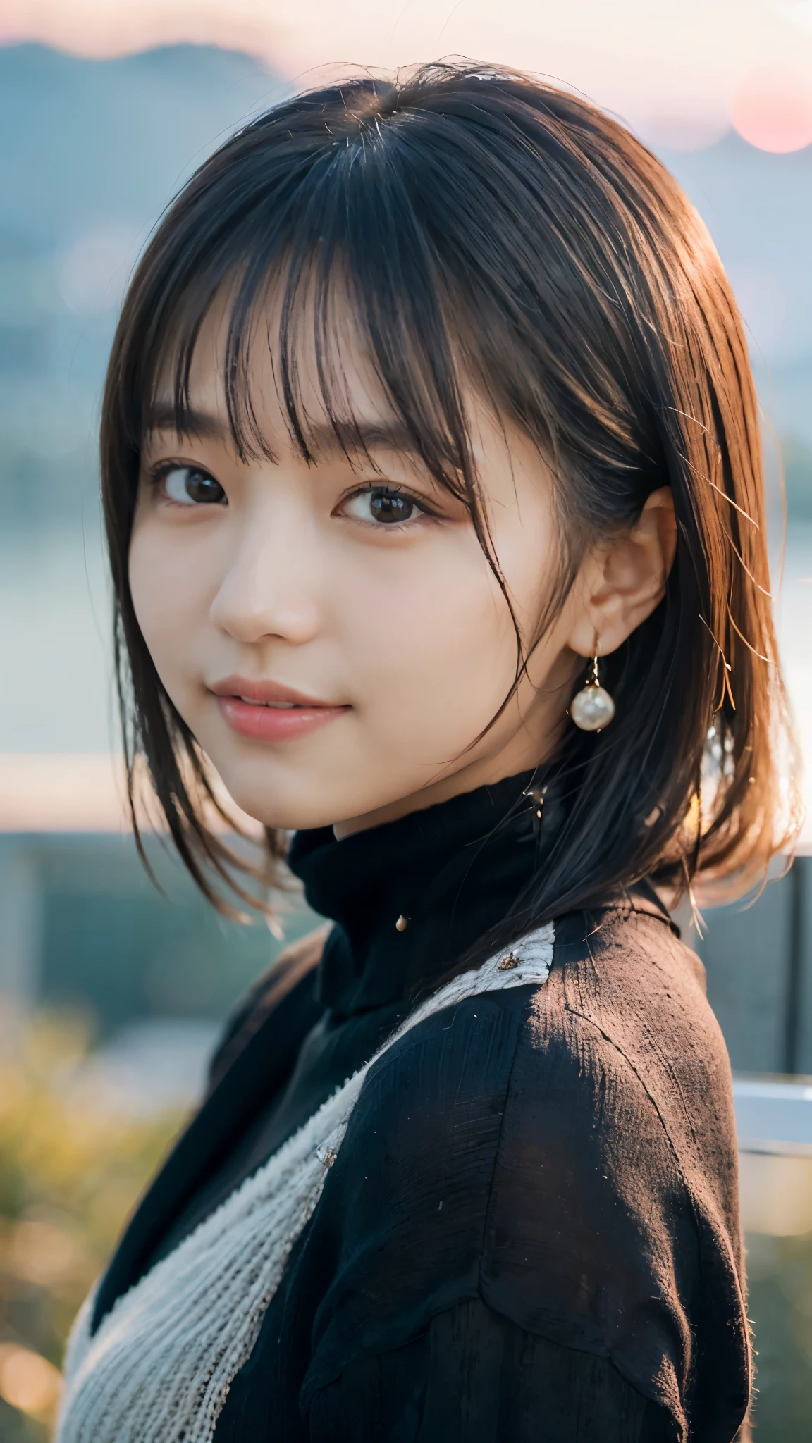 (masterpiece:1.2),(Highest quality),(Very detailed:1.2),(High resolution),(Photorealistic Stick),(RAW Photos),8K,Soft Edge,Close-up of a woman in a black sweater,Soft portrait shots,Beautiful Japanese Women,Gorgeous face portrait,Eye light,Girl of the person himself,Very beautiful face,Beautiful portrait,A lovely and delicate face,Beautiful young Japanese woman,Mature hairstyle,Looking into the distance(Sunset in the background),(((Blur the background))),(Gentle light(masterpiece:1.2),(Highest quality),(Very detailed:1.2),(High resolution),(Photorealistic Stick),(RAW Photos),8K,Soft Edge,Close-up of a woman in a black sweater,Soft portrait shots,Beautiful Japanese Women,Gorgeous face portrait,Eye light,Girl of the person himself,Very beautiful face,Beautiful portrait,A lovely and delicate face,Beautiful young Japanese woman,Mature hairstyle,Looking into the distance(Sunset in the background),(((Blur the background))),(Gentle light),(Front view),(smile),(Front view),(smile)