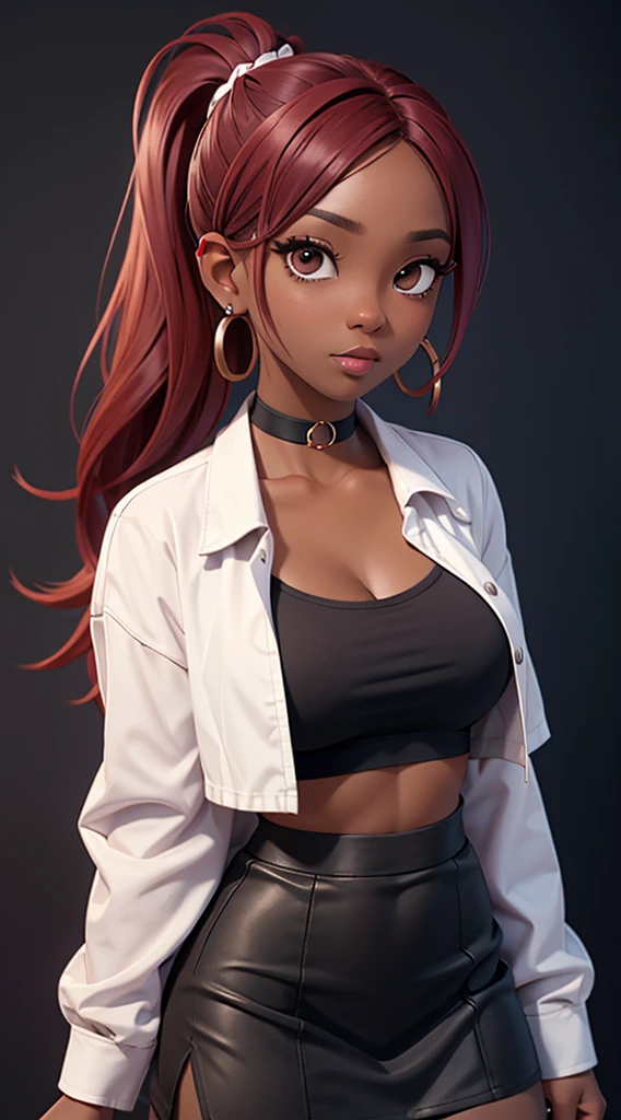 dark skin 1girl, solo, breasts, looking at viewer, blush, skirt, large breasts, shirt, hair ornament, long sleeves, navel, jewelry, jacket, white shirt, ponytail, red hair, earrings, choker, hairclip, midriff, black eyes, crop top, black choker, piercing, ear piercing, purple skirt, green jacket, cropped shirt,
