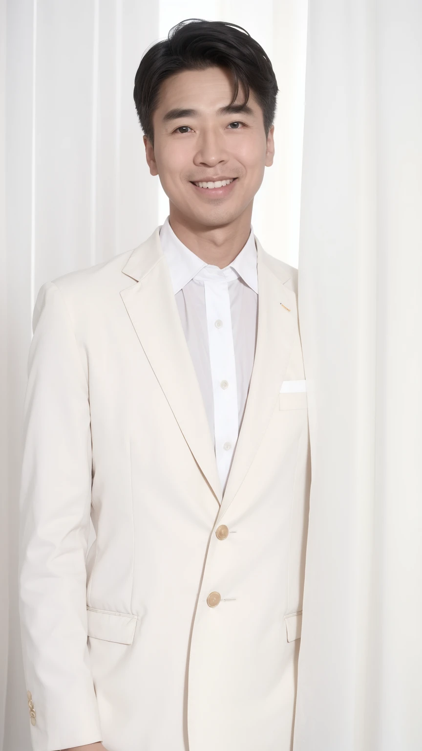 40-year-old male， [[[[close up]]]], [[[[neck]]]], [[[[Shoulder]]]], Perfect eyes, Perfect Iris，Perfect lips，Perfect Teeth，Perfect skin，White skin，Soft headlights，High-density imaging，（Clean and delicate face），((Black suit))，((Various dynamic poses))，((((Half-length photo))))，((Smile))，((White curtains in the background))，best quality，masterpiece，（Soft colors：1.2）