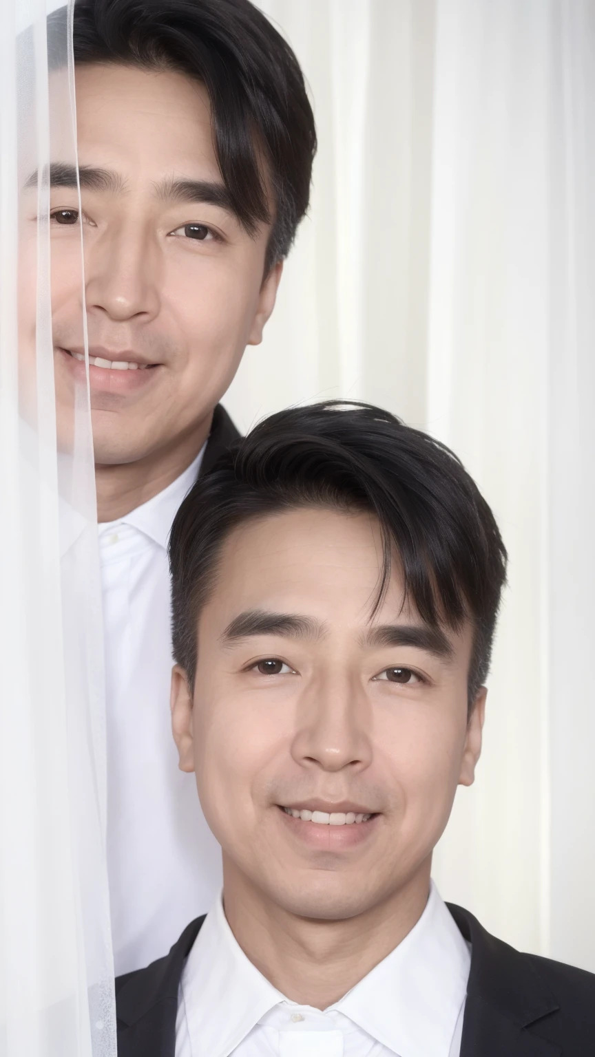 40-year-old male， [[[[close up]]]], [[[[neck]]]], [[[[Shoulder]]]], Perfect eyes, Perfect Iris，Perfect lips，Perfect Teeth，Perfect skin，White skin，Soft headlights，High-density imaging，（Clean and delicate face），((Black suit))，((Various dynamic poses))，((((Half-length photo))))，((Smile))，((White curtains in the background))，best quality，masterpiece，（Soft colors：1.2）