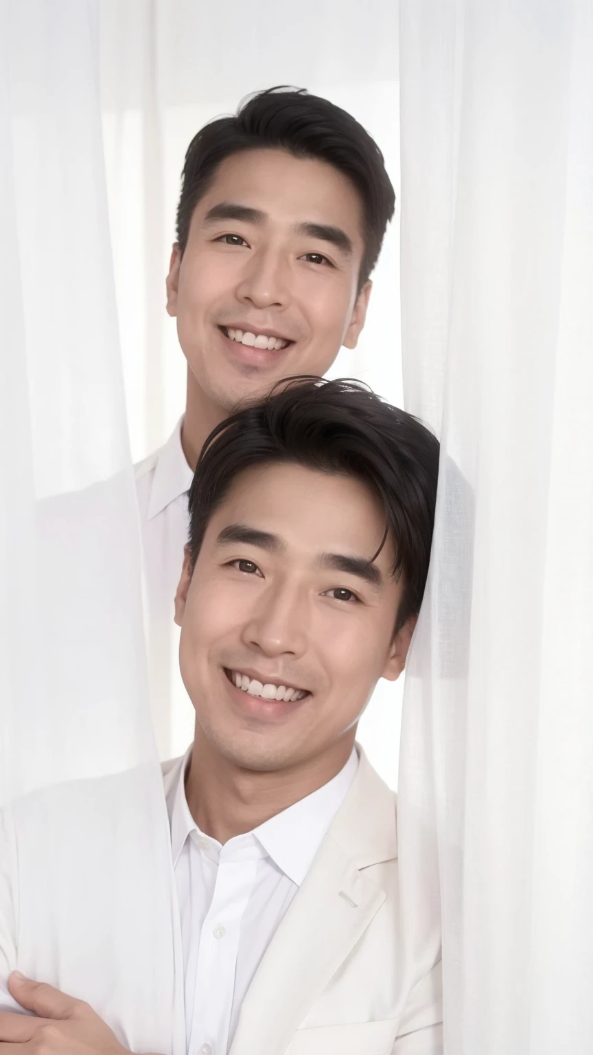 40-year-old male， [[[[close up]]]], [[[[neck]]]], [[[[Shoulder]]]], Perfect eyes, Perfect Iris，Perfect lips，Perfect Teeth，Perfect skin，White skin，Soft headlights，High-density imaging，（Clean and delicate face），((Black suit))，((Various dynamic poses))，((((Half-length photo))))，((Smile))，((White curtains in the background))，best quality，masterpiece，（Soft colors：1.2）