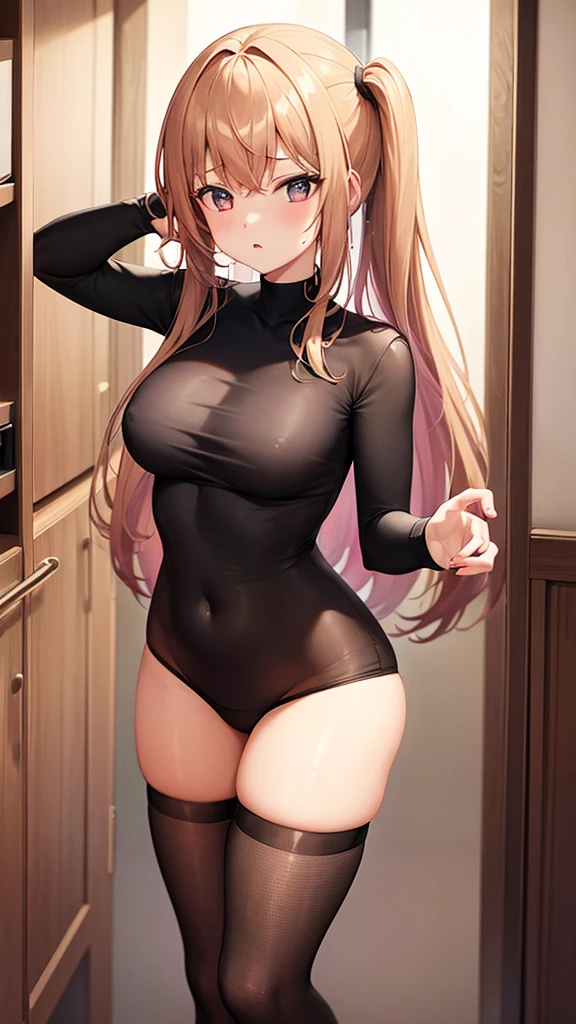 1girl, , lingerie, tight shirt, big , reaching at the top of a cupboard, shiny skin