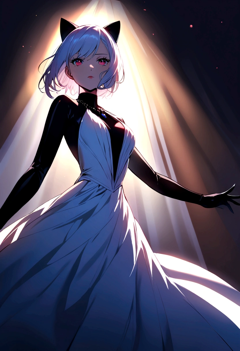Catwoman in elegant dress in tricolor blue white red