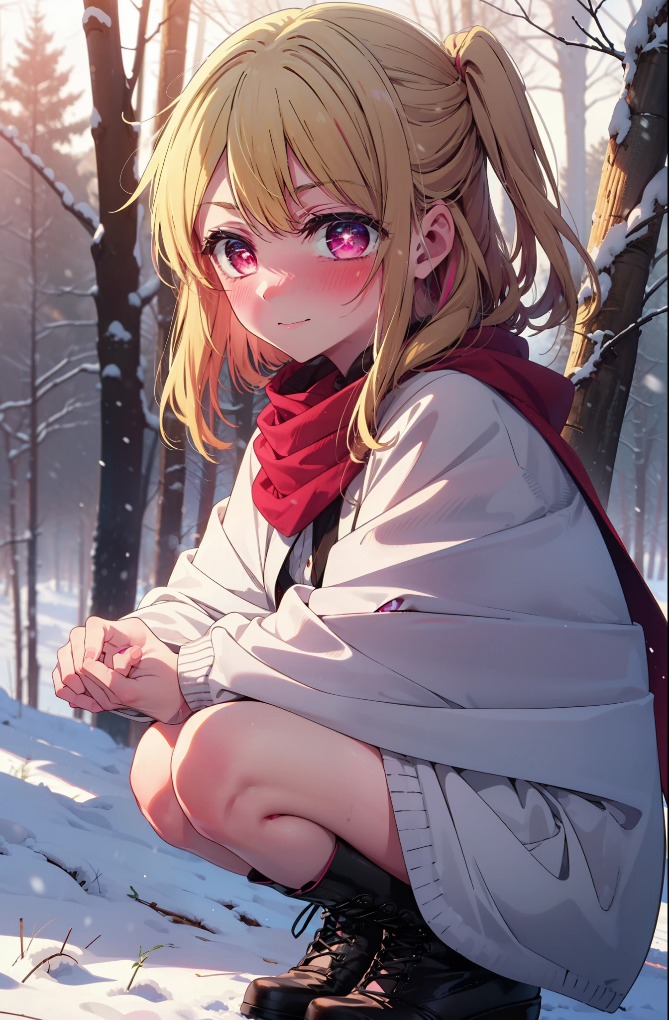rubyhoshino, Hoshino Ruby, Long Hair, bangs, Blonde, (Pink Eyes:1.3), Side Lock, (Symbol-shaped pupil:1.5), Multicolored Hair, Two-tone hair, smile,,smile,blush,White Breath,
Open your mouth,snow,Ground bonfire, Outdoor, boots, snowing, From the side, wood, suitcase, Cape, Blurred, , forest, White handbag, nature, Squat, Mouth closed, Cape, winter, Written boundary depth, Black shoes, red Cape break looking at viewer, Upper Body, whole body, break Outdoor, forest, nature, break (masterpiece:1.2), Highest quality, High resolution, unity 8k wallpaper, (shape:0.8), (Beautiful and beautiful eyes:1.6), Highly detailed face, Perfect lighting, Highly detailed CG, (Perfect hands, Perfect Anatomy),