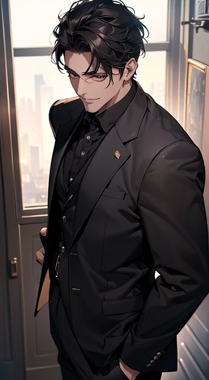(best quality, masterpiece, 8K, photorealistic, cinematic lighting, 1:4 hdr image, top view, ultra detailed, beautiful image), a mature man, very handsome, short black hair, black eyes, perfect face without errors , ((buttoning his jacket, CEO)), smile in love.