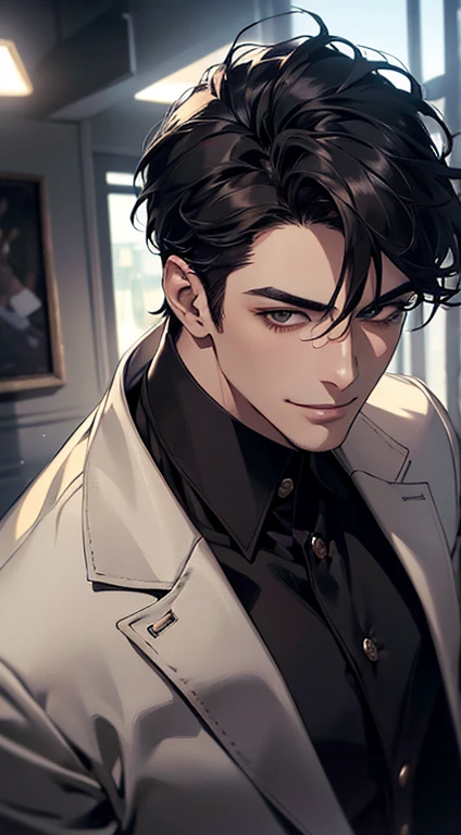 (best quality, masterpiece, 8K, photorealistic, cinematic lighting, 1:4 hdr image, top view, ultra detailed, beautiful image), a mature man, very handsome, short black hair, black eyes, perfect face without errors , ((buttoning his jacket, CEO)), smile in love.