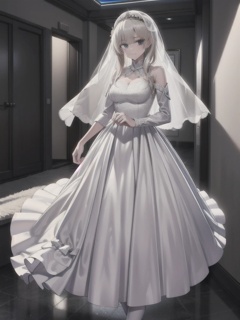 gorgeous white wedding dress, ak-74m, 4k, standing, high resolution, cowboy shot's,
