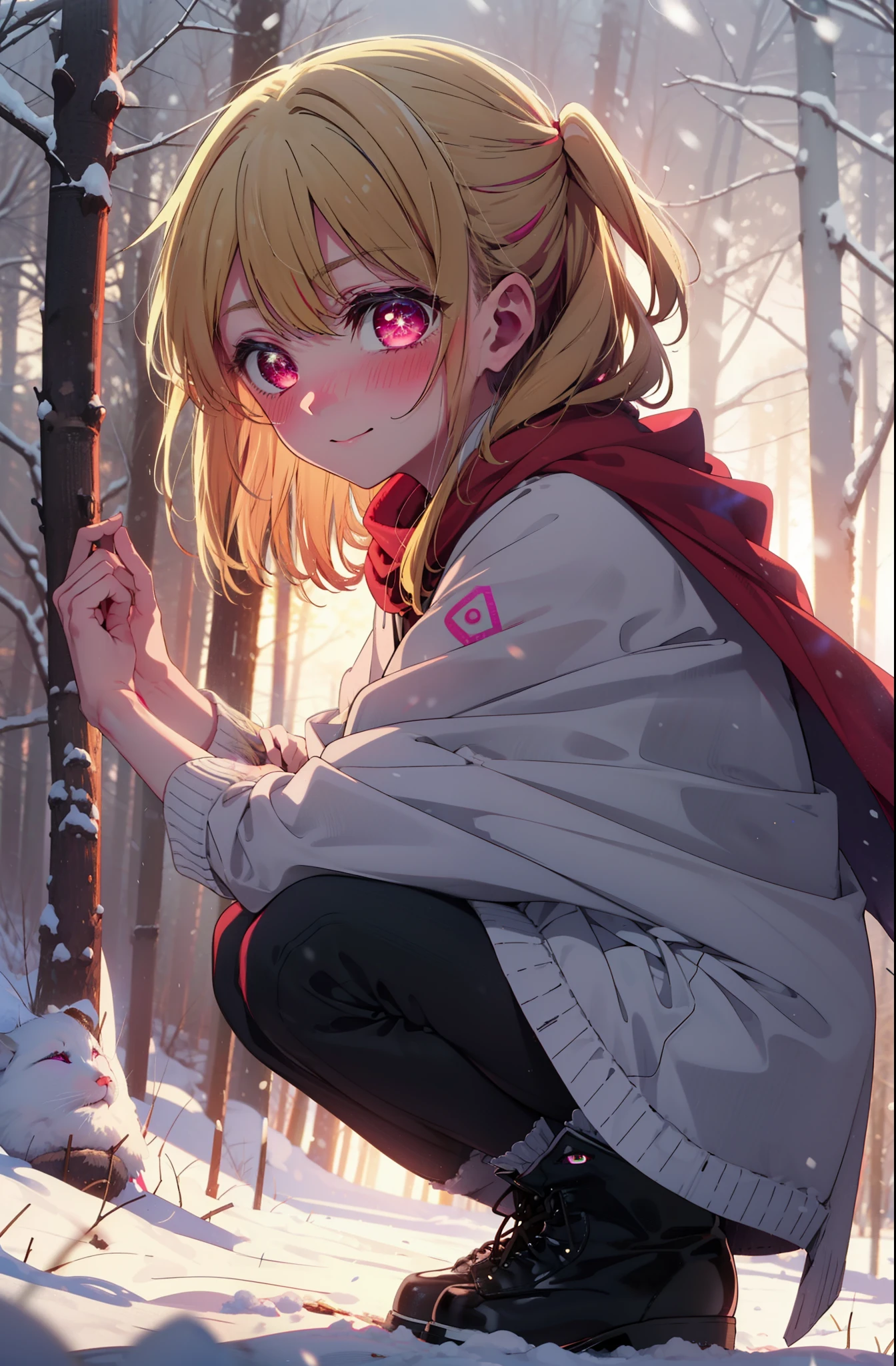 rubyhoshino, Hoshino Ruby, Long Hair, bangs, Blonde, (Pink Eyes:1.3), Side Lock, (Symbol-shaped pupil:1.5), Multicolored Hair, Two-tone hair, smile,,smile,blush,White Breath,
Open your mouth,snow,Ground bonfire, Outdoor, boots, snowing, From the side, wood, suitcase, Cape, Blurred, , forest, White handbag, nature,  Squat, Mouth closed, Cape, winter, Written boundary depth, Black shoes, red Cape break looking at viewer, Upper Body, whole body, break Outdoor, forest, nature, break (masterpiece:1.2), Highest quality, High resolution, unity 8k wallpaper, (shape:0.8), (Beautiful and beautiful eyes:1.6), Highly detailed face, Perfect lighting, Highly detailed CG, (Perfect hands, Perfect Anatomy),