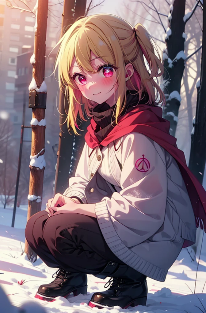 rubyhoshino, Hoshino Ruby, Long Hair, bangs, Blonde, (Pink Eyes:1.3), Side Lock, (Symbol-shaped pupil:1.5), Multicolored Hair, Two-tone hair, smile,,smile,blush,White Breath,
Open your mouth,snow,Ground bonfire, Outdoor, boots, snowing, From the side, wood, suitcase, Cape, Blurred, , forest, White handbag, nature,  Squat, Mouth closed, Cape, winter, Written boundary depth, Black shoes, red Cape break looking at viewer, Upper Body, whole body, break Outdoor, forest, nature, break (masterpiece:1.2), Highest quality, High resolution, unity 8k wallpaper, (shape:0.8), (Beautiful and beautiful eyes:1.6), Highly detailed face, Perfect lighting, Highly detailed CG, (Perfect hands, Perfect Anatomy),