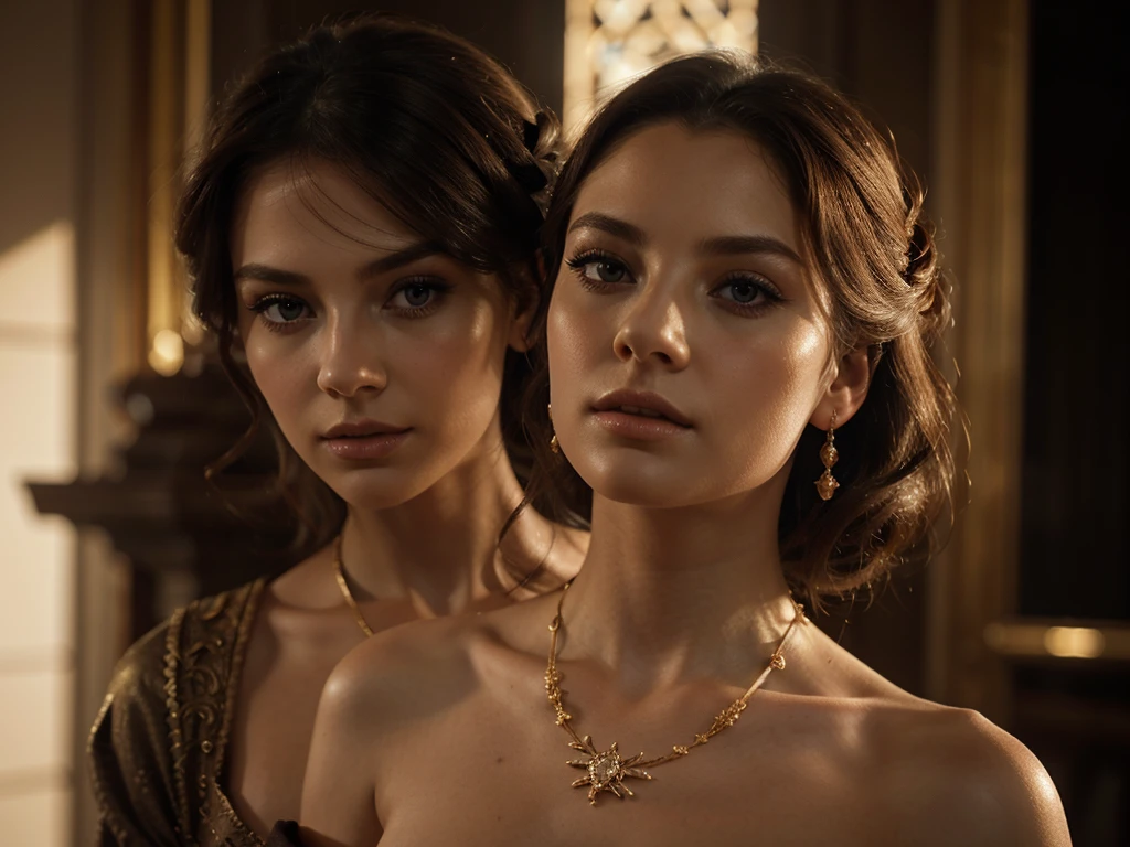 A chiaroscuro portrait of a woman, beautiful detailed eyes, beautiful detailed lips, extremely detailed eyes and face, long eyelashes, porcelain skin, elegant hairstyle, intricate jewelry, dramatic lighting, Renaissance style, dramatic shadows, warm golden tones, dramatic chiaroscuro lighting, ultra-detailed, 8k, photorealistic, masterpiece, cinematic, dramatic atmosphere, elegant and regal