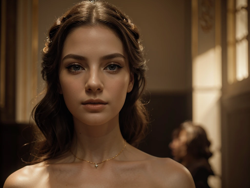 A chiaroscuro portrait of a woman, beautiful detailed eyes, beautiful detailed lips, extremely detailed eyes and face, long eyelashes, porcelain skin, elegant hairstyle, intricate jewelry, dramatic lighting, Renaissance style, dramatic shadows, warm golden tones, dramatic chiaroscuro lighting, ultra-detailed, 8k, photorealistic, masterpiece, cinematic, dramatic atmosphere, elegant and regal