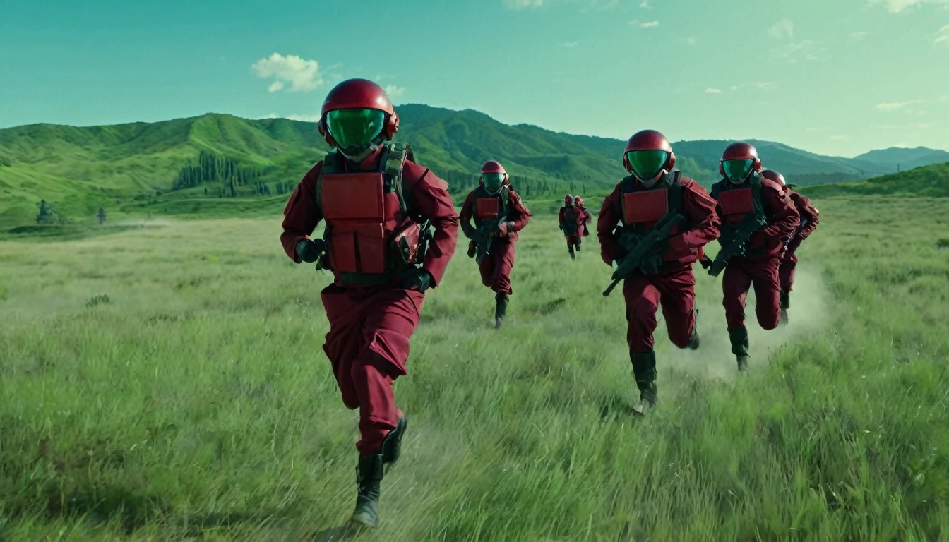 Soldiers in dark red military uniform wearing a futuristic helmet, run through the steppe with some green areas and a little bit of hills and pine trees