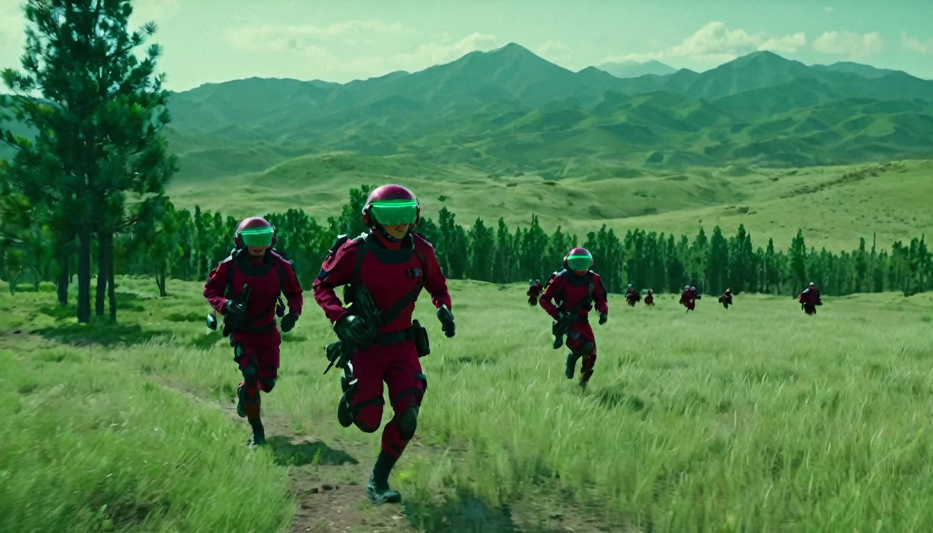 Soldiers in dark red military uniform wearing a futuristic helmet, run through the steppe with some green areas and a little bit of hills and pine trees