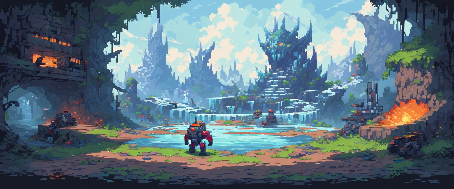 wallpaper, ultra quality, machines, robots and steel, arte de pixel, sidescroller, pixel art, futuristic, cyberpunk frozen setting