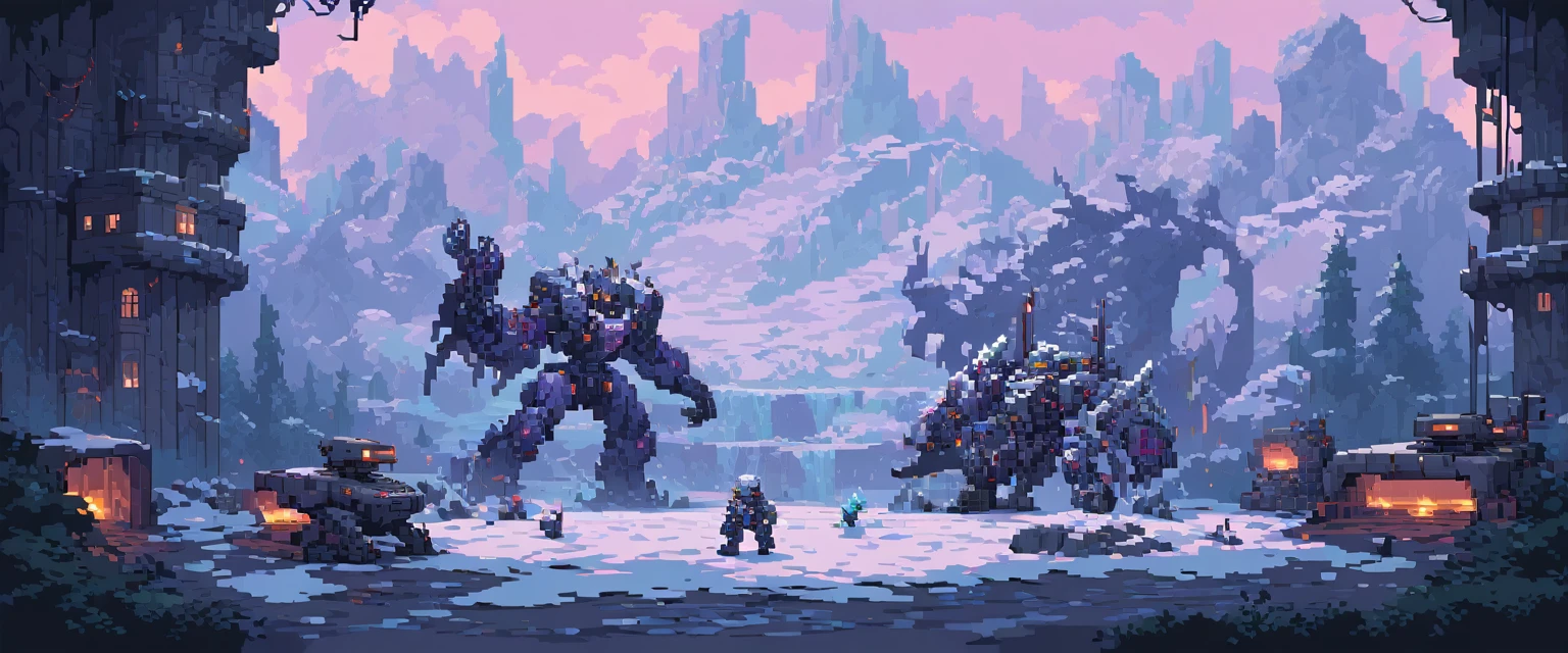 wallpaper, ultra quality, machines, robots and steel, arte de pixel, sidescroller, pixel art, futuristic, cyberpunk frozen setting