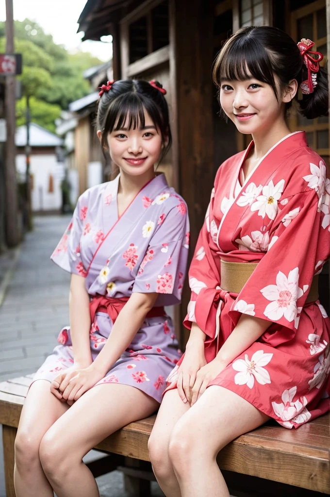 2 girls on wooden bench in old-Japanese street,floral pink yukata with red obi,18-year-old,bangs,a little smile,thighs,knees,short hair and low pigtails with red ribbon bow,from before,front light