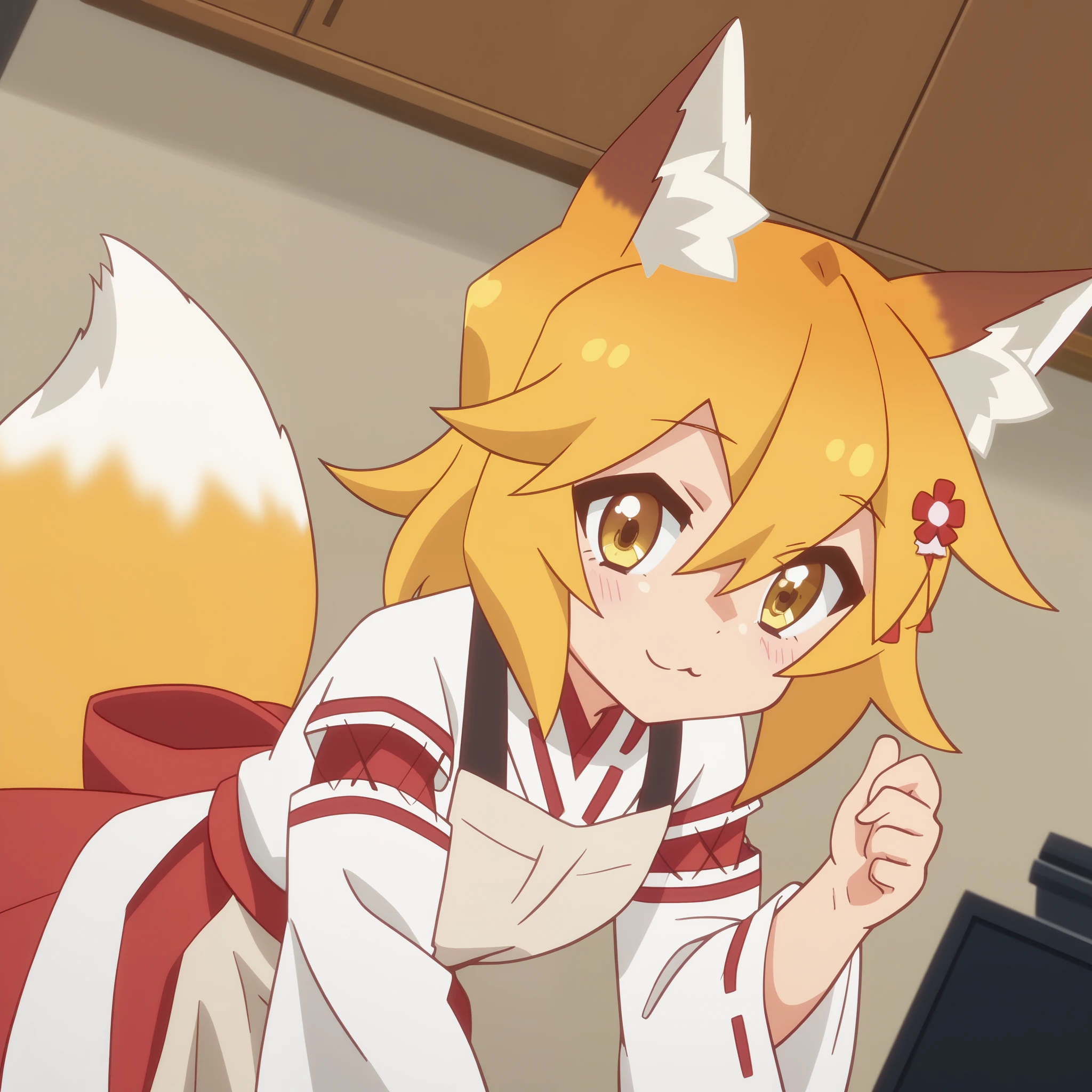 score_9, score_8_up, score_7_up, source_anime,
kitsunesenko,
senko, bangs, blonde hair, hair ornament, animal ears, hair between eyes, yellow eyes, flower, hair flower, animal ear fluff, fox ears, red flower, fox girl,
long sleeves, tail, japanese clothes, wide sleeves, kimono, apron, ribbon trim, hakama, hakama skirt, ribbon-trimmed sleeves, white kimono, miko, brown apron,
indoors, bent over, smile,
solo, dutch angle, looking at viewer, cowboy shot,