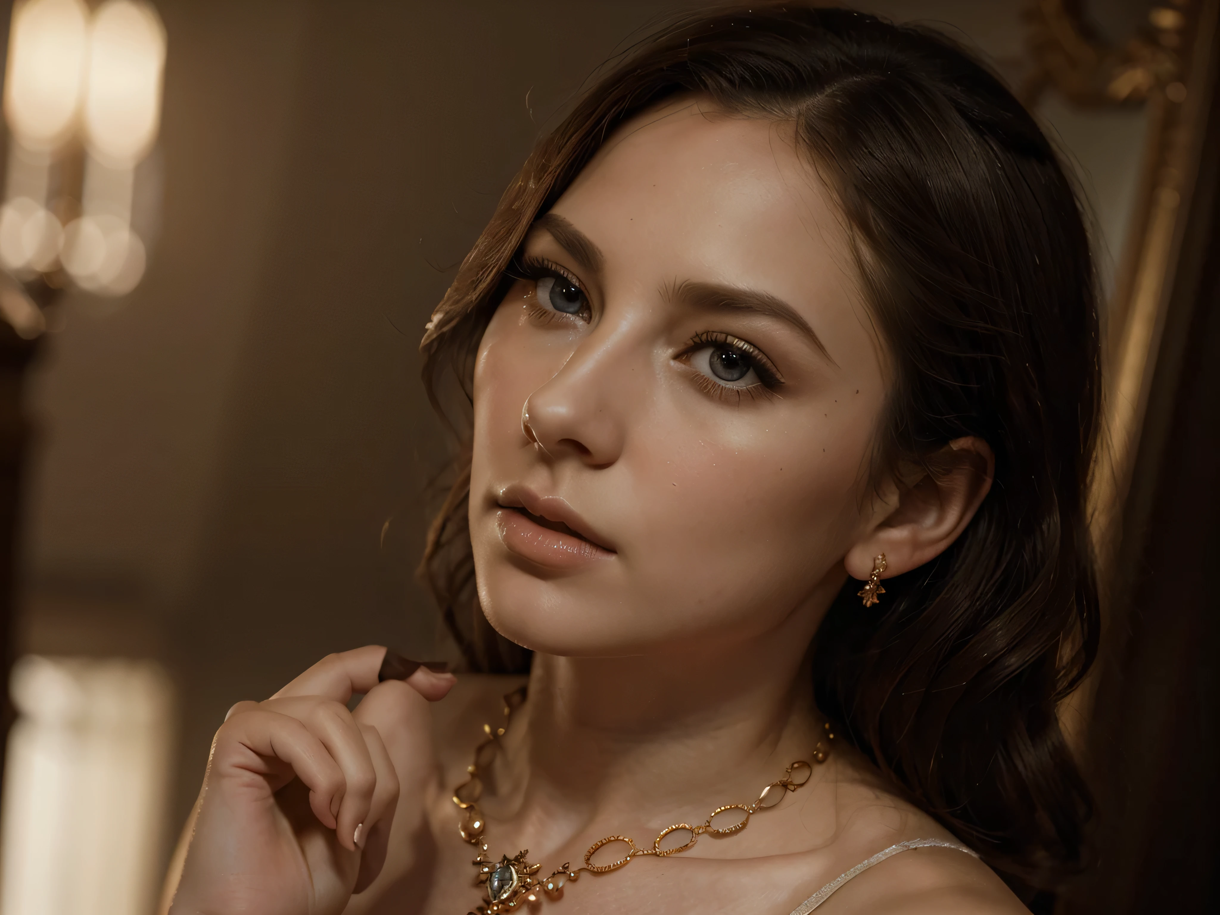 A chiaroscuro portrait of a woman, beautiful detailed eyes, beautiful detailed lips, extremely detailed eyes and face, long eyelashes, porcelain skin, elegant hairstyle, intricate jewelry, dramatic lighting, Renaissance style, dramatic shadows, warm golden tones, dramatic chiaroscuro lighting, ultra-detailed, 8k, photorealistic, masterpiece, cinematic, dramatic atmosphere, elegant and regal