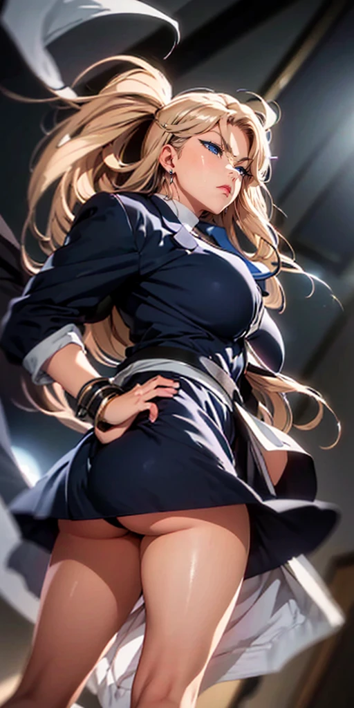 A beautiful girl with long blonde hair and dark blue eyes, wearing a black jacket, necktie, and a short skirt, standing alone at night, one hand on her hip, looking directly at the viewer, (best quality,4k,8k,highres,masterpiece:1.2),ultra-detailed,(realistic,photorealistic,photo-realistic:1.37),extremely detailed eyes and face,longeyelashes,detailed clothing,dramatic lighting,moody atmosphere,intricate details,dark blue color palette,cinematic lighting