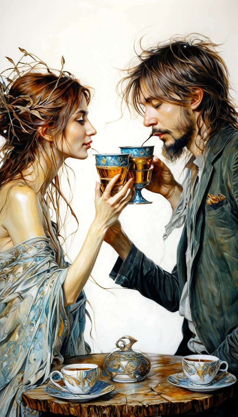 loving couple look at each other and toast with two luxurious cups, luxurious cups(art inspired by Brian Froud and Carne Griffiths and Wadim Kashin, intricate details, oil painting)