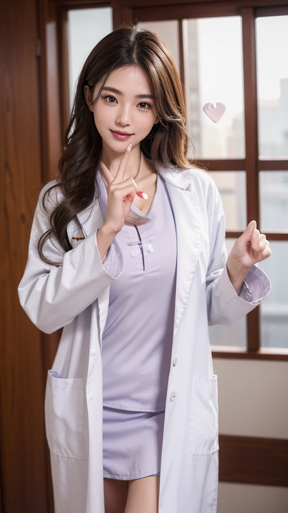 (Cowboy shot:1.2), smiling elegant slim asian woman, Japanese, wearing (((open labcoat over scrubs))), brown hair, (finger heart:1.5), (modern hospital room), photo, 1girl, ultra high res, realistic photorealistic, ultra-detailed, finely detailed, high resolution, perfect dynamic composition, (perfect eyes), (detailed eyes), solid circle eyes, ccurate, sparkling eyes, (clean eyes), anatomically correct, super detail, textured skin, extremely detailed face and eyes, detailed facial features, ((perfect face)),