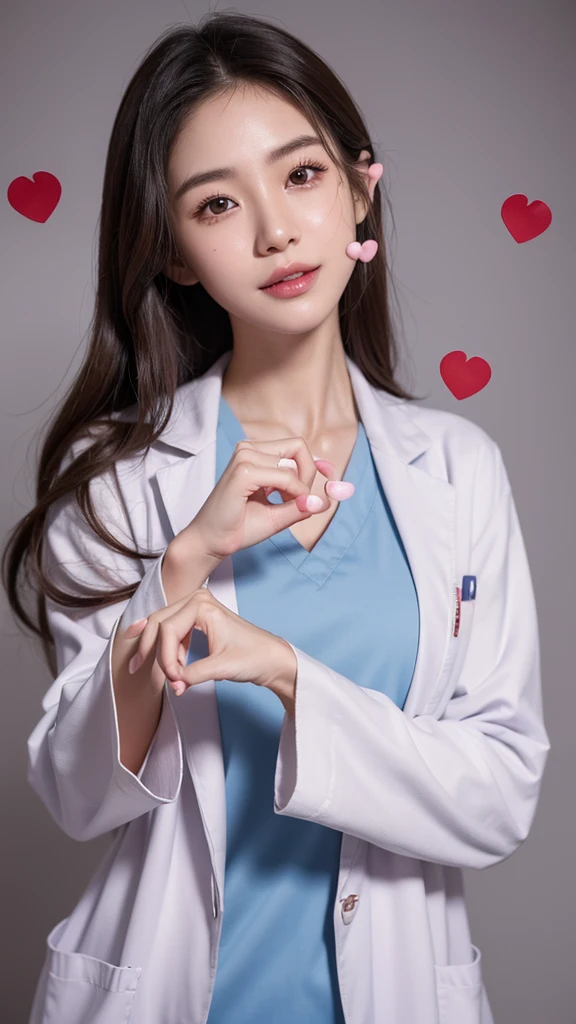 (Cowboy shot:1.2), smiling elegant slim asian woman, Japanese, wearing (((open labcoat over scrubs))), brown hair, (finger heart:1.5), (modern hospital room), photo, 1girl, ultra high res, realistic photorealistic, ultra-detailed, finely detailed, high resolution, perfect dynamic composition, (perfect eyes), (detailed eyes), solid circle eyes, ccurate, sparkling eyes, (clean eyes), anatomically correct, super detail, textured skin, extremely detailed face and eyes, detailed facial features, ((perfect face)),