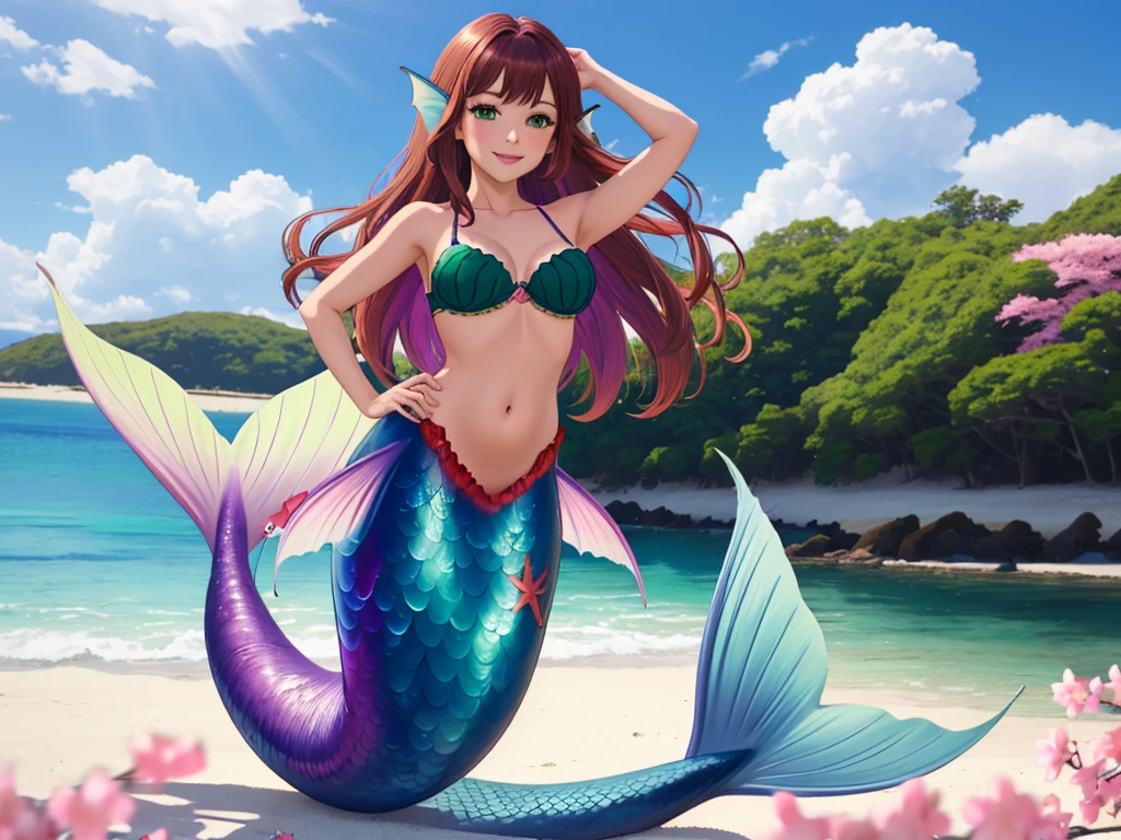 masterpiece, best quality:1.2), 1girl, smile, looking at viewer, green eyes, short brown multicolored hair, mermaid, mermaid girl, wearing purple seashell bra, laying on belly on beach, colorful mermaid tail, outdoors, head fins, fin ears, under cherry blossoms