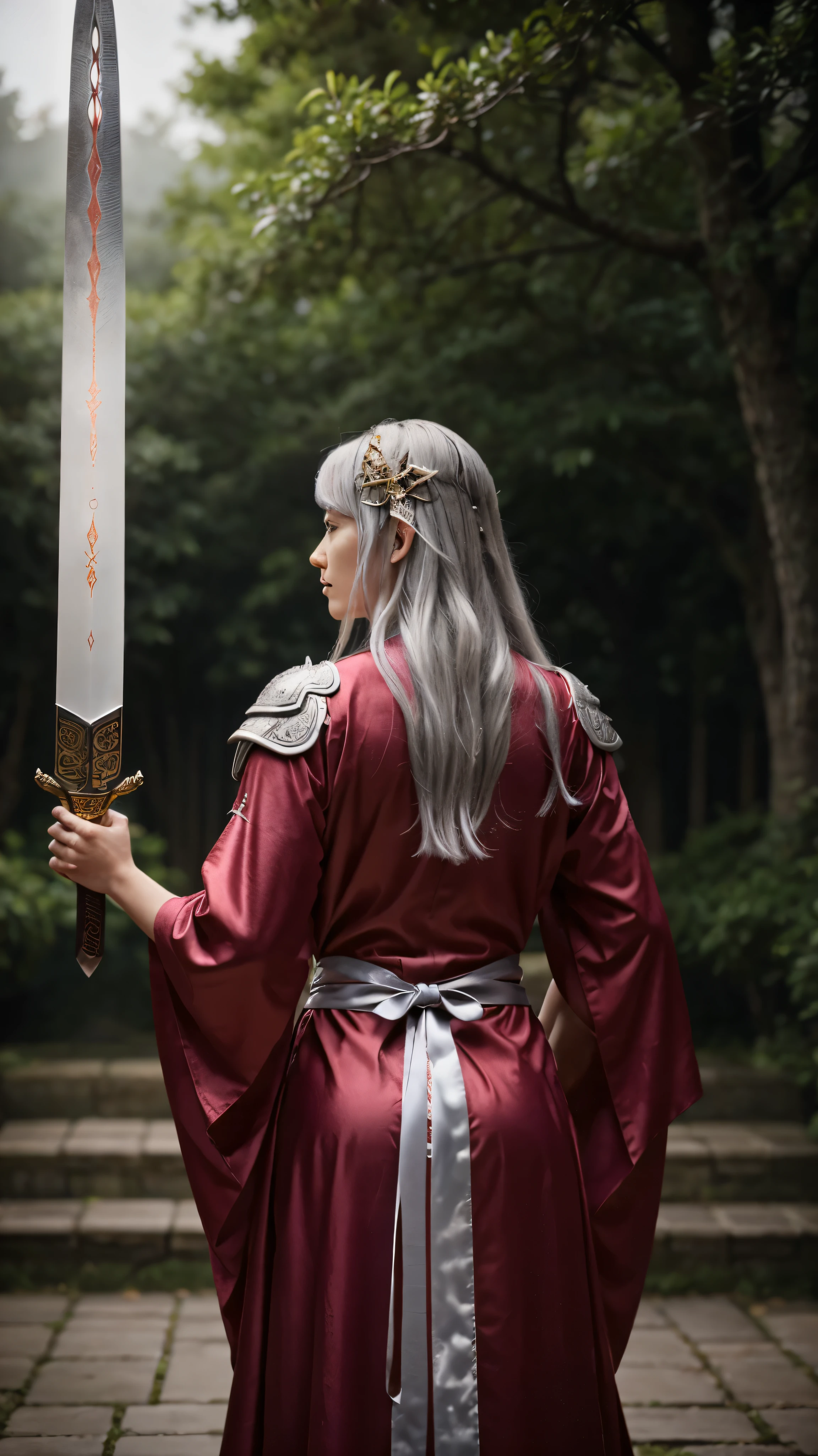 The god of lightning, Shogun Raiden, is、Hold the sword at your side、Clad in luxurious armor、Each plate is intricately crafted、Shining in the light。Long flowing silver hair cascading down her back、Embedded with minerals that give off a unique shine。He was lost in thought.、Staring into the distance、It reflects a deep connection to the world of Teyvat.。In contrast to armor、The robe has soft, flowing lines.、It exudes elegance and fluidity。The contrast between the vivid red and purple robes is striking.、It's an unforgettable image.