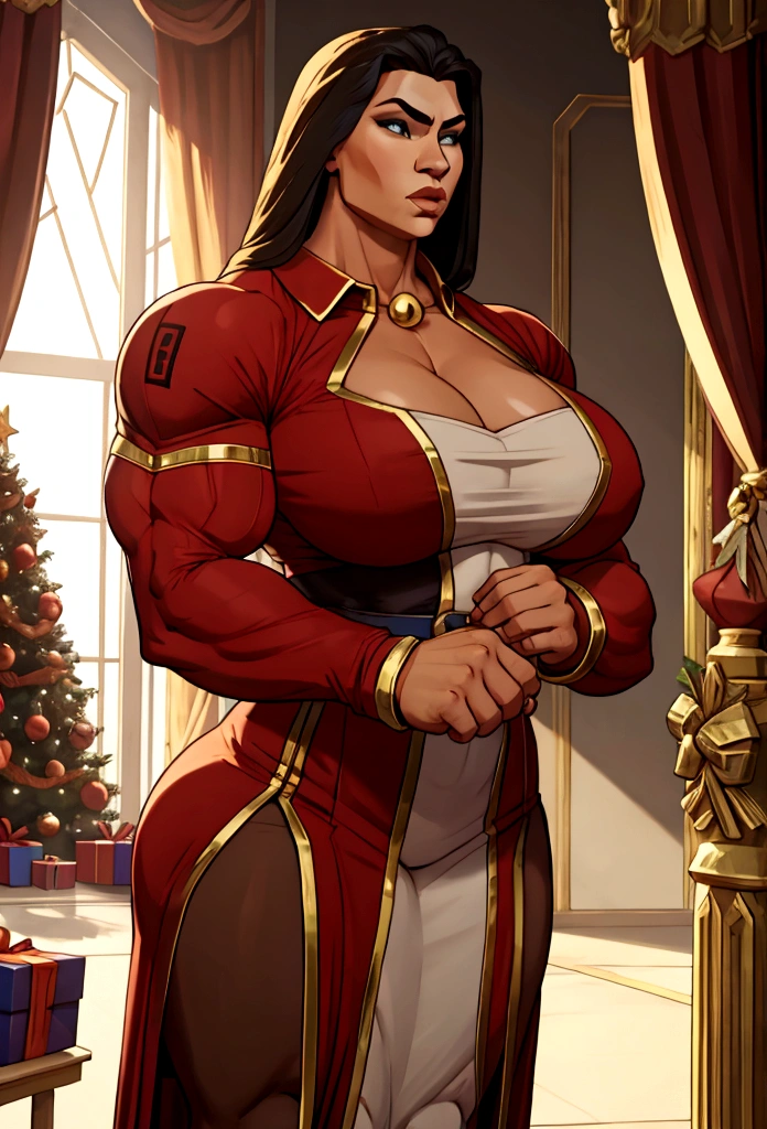 huge muscle woman on holiday christmass