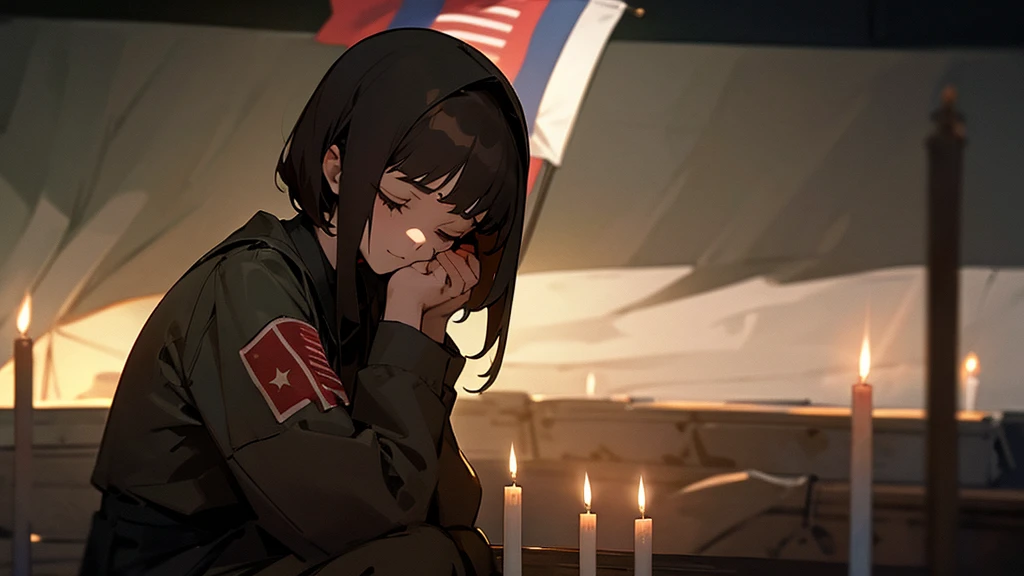 girl who prays. short brown hair. in the bunker. eyes closed. face tattoo. full length. candles and flag in the background.