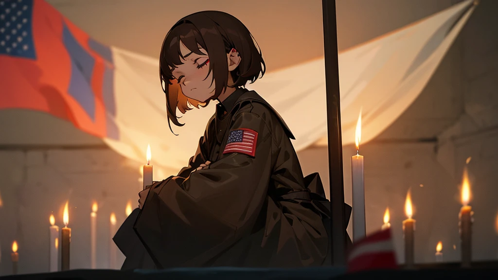 girl who prays. short brown hair. in the bunker. eyes closed. face tattoo. full length. candles and flag in the background.
