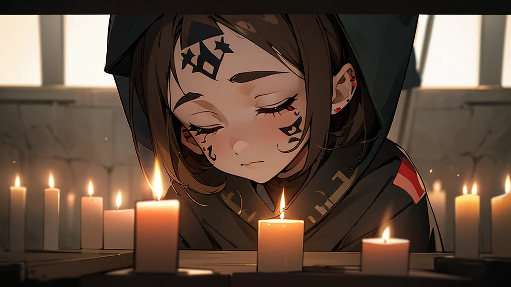 girl who prays. short brown hair. in the bunker. eyes closed. face tattoo. full length. candles and flag in the background.