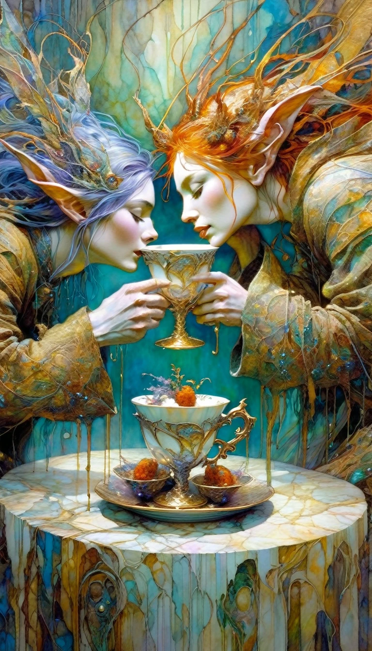 loving couple look at each other and toast with two luxurious cups, luxurious cups(art inspired by Brian Froud and Carne Griffiths and Wadim Kashin, intricate details, oil painting)