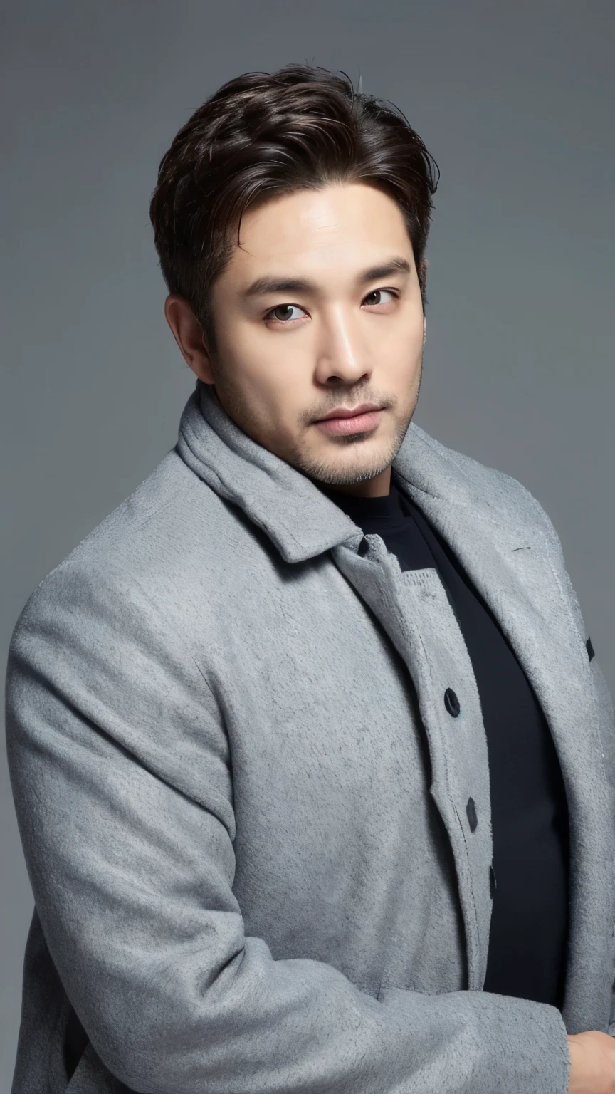 (realistic， high resolution：1.3），Man wearing a stylish gray jacket , modern hair , Plump figure , Age 39 , Ladyboy
