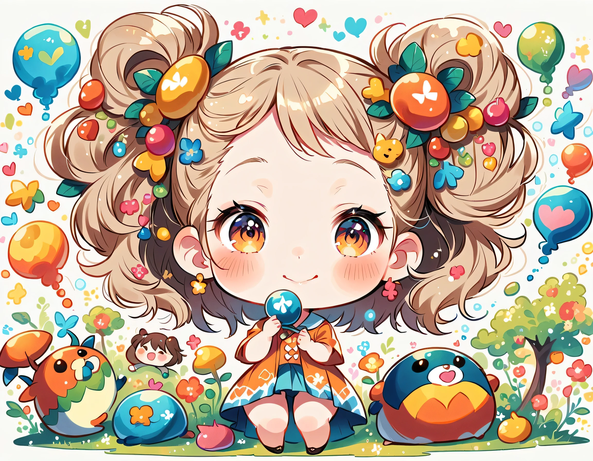 Mika Pikazo style、Kawaii Design, most beautiful girl ever、chibi, (((Playing with アメーバ)))、アメーバ