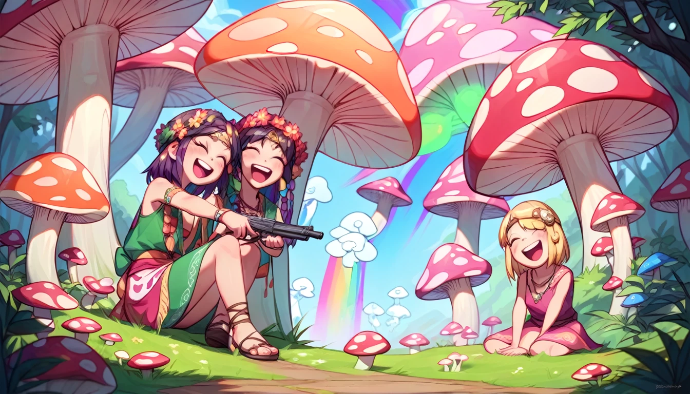 ((multiple girls:1.3)), ((moe style:1.3)), ((hippie:1.3)), ((gun firing:1.3)), ((surreal:1.3)), ((laughing:1.3)), ((rainbow colors:1.3)), ((giant mushroom:1.3)), ((centerfold:1.3)), ((extremely feminine:1.3)), perfect hands, ((perfect face)), ((extremely cute:1.3)), ((masterpiece)), ((8k)), ((best quality)), ((beautiful)), ((extremely detailed:1.3)) , ((absurdres)), AddXL, ((score_9:1.3)), ((score_8_up:1.3)), ((score_7_up:1.3)),
