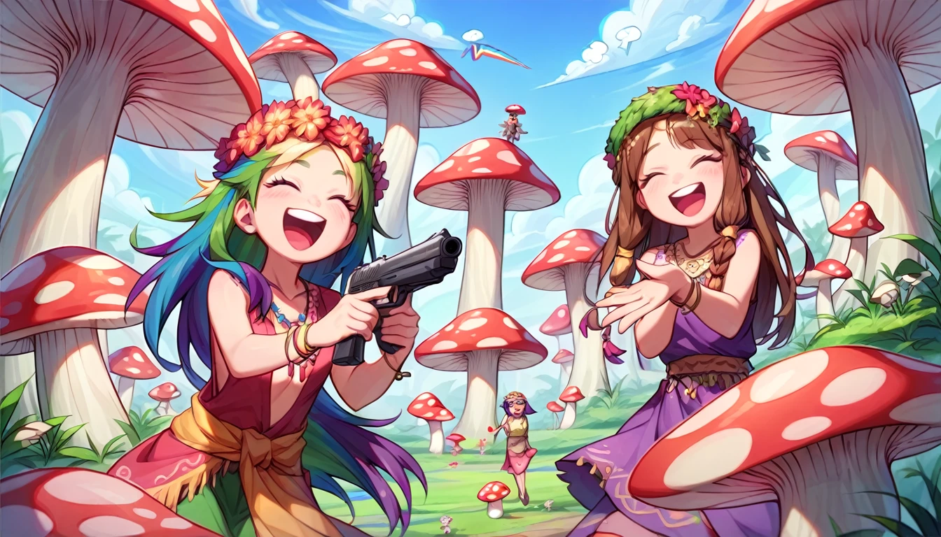 ((multiple girls:1.3)), ((moe style:1.3)), ((hippie:1.3)), ((gun firing:1.3)), ((surreal:1.3)), ((laughing:1.3)), ((rainbow colors:1.3)), ((giant mushroom:1.3)), ((centerfold:1.3)), ((extremely feminine:1.3)), perfect hands, ((perfect face)), ((extremely cute:1.3)), ((masterpiece)), ((8k)), ((best quality)), ((beautiful)), ((extremely detailed:1.3)) , ((absurdres)), AddXL, ((score_9:1.3)), ((score_8_up:1.3)), ((score_7_up:1.3)),
