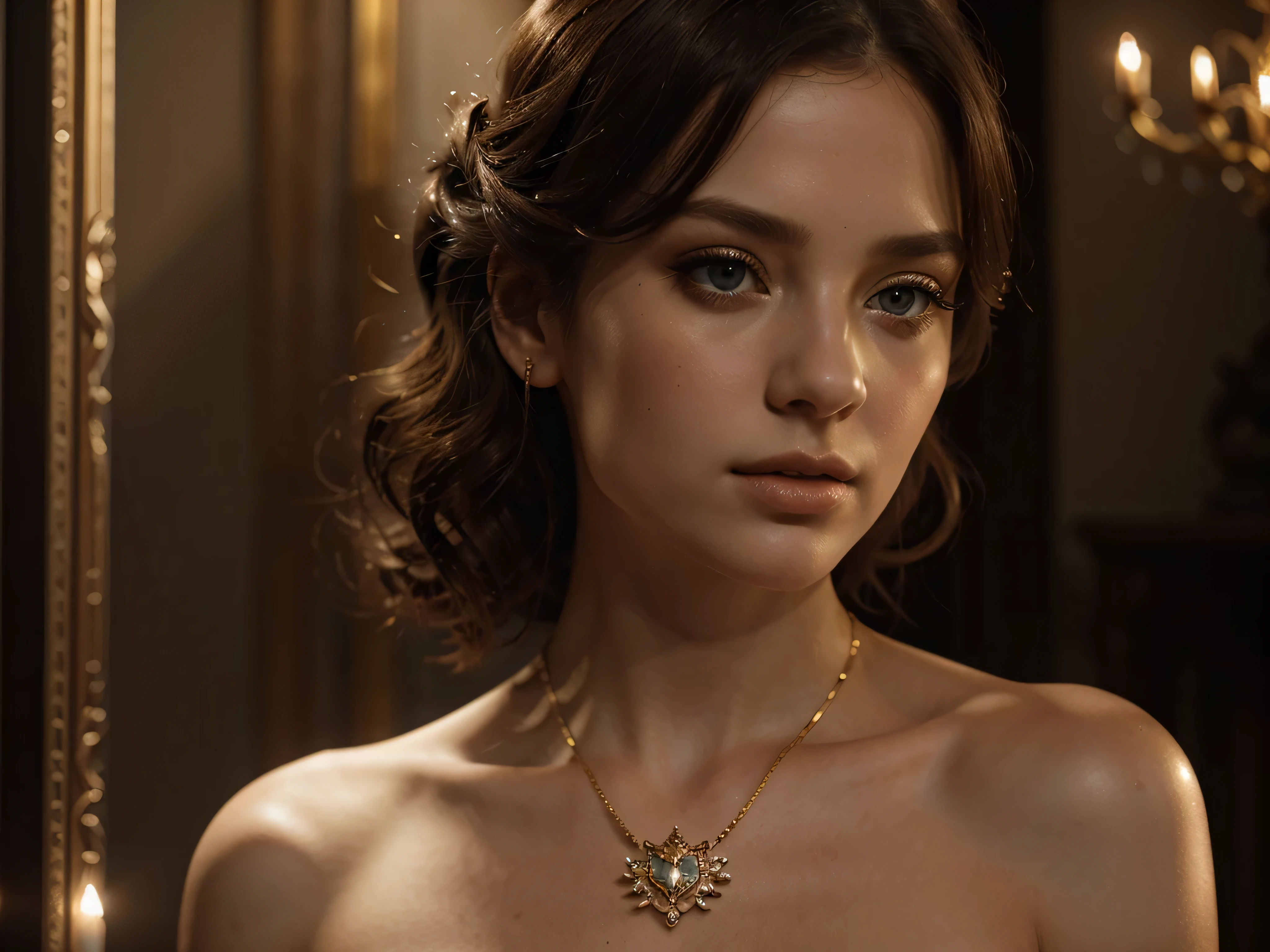 A chiaroscuro portrait of a woman, beautiful detailed eyes, beautiful detailed lips, extremely detailed eyes and face, long eyelashes, porcelain skin, elegant hairstyle, intricate jewelry, dramatic lighting, Renaissance style, dramatic shadows, warm golden tones, dramatic chiaroscuro lighting, ultra-detailed, 8k, photorealistic, masterpiece, cinematic, dramatic atmosphere, elegant and regal