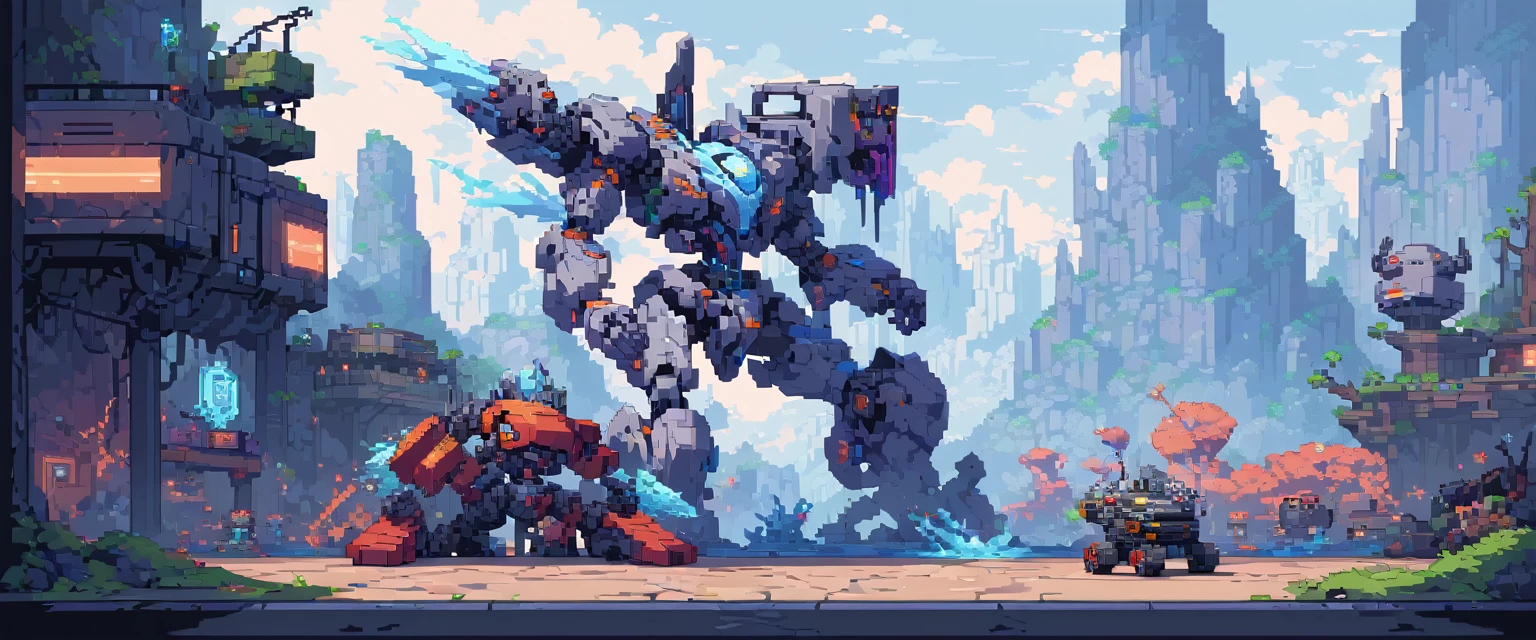 wallpaper, ultra quality, machines, robots and steel, arte de pixel, sidescroller, pixel art, futuristic, cyberpunk frozen setting