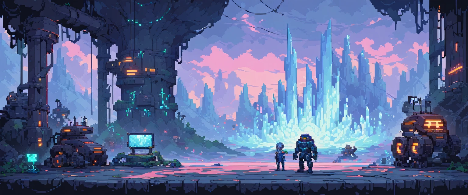 wallpaper, ultra quality, machines, robots and steel, arte de pixel, sidescroller, pixel art, futuristic, cyberpunk frozen setting