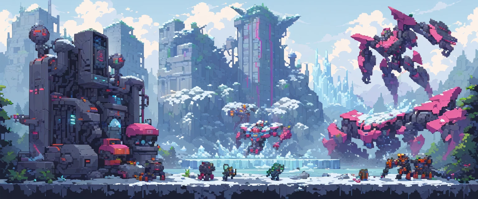 wallpaper, ultra quality, machines, robots and steel, arte de pixel, sidescroller, pixel art, futuristic, cyberpunk frozen setting