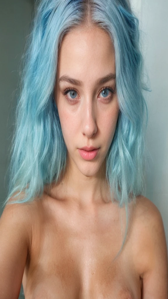 beautiful American girl, (small lips: 1.2), angular face, sharp features, smooth chin, electric blue hair, shy look, 18 years old girl, ( focus on face, shallow focus:1.2), in bathtub, 4k, natural lighting, film grain