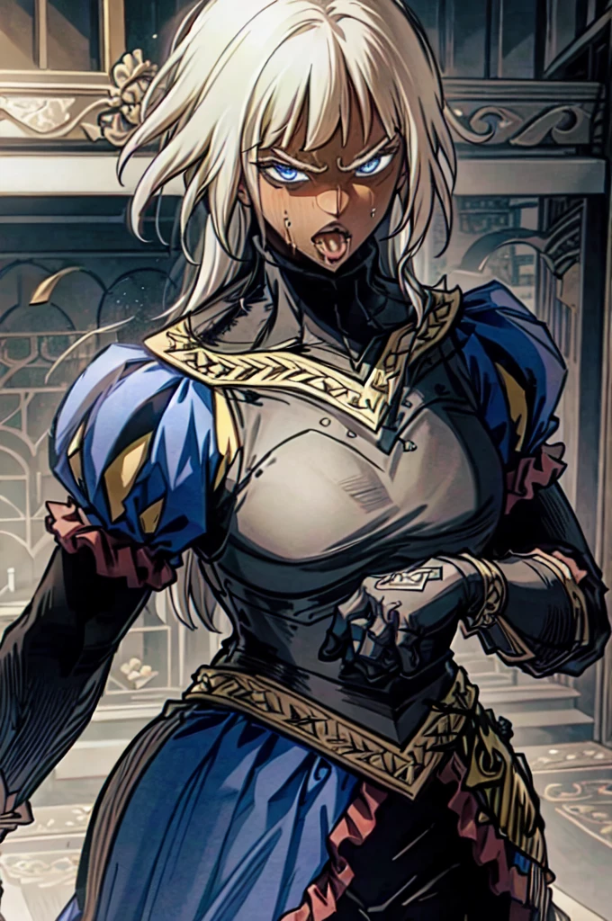 ophelia , solo, 1girl, long hair, white hair, armor, dark skin, blunt bangs, dark-skinned female, blonde hair, gloves, blue eyes, breastplate, puffy sleeves,standing,serious face,expresionless,angry eyes,looking at viewer,(open mouth),(tongue out),(saliva:1.4),saliva drip,(uvula),maw,(oral invitation),(portrait),masterpiece,extremely detailed CG unity 8k wallpaper, best quality,32k,focus sharp, Messy_art,