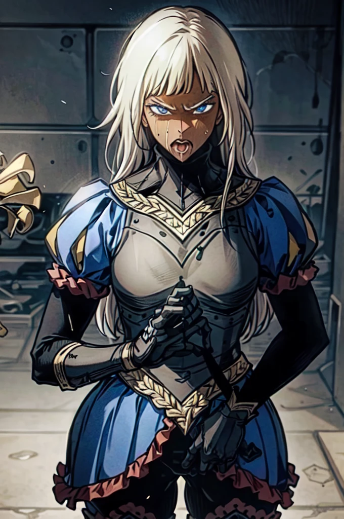 ophelia , solo, 1girl, long hair, white hair, armor, dark skin, blunt bangs, dark-skinned female, blonde hair, gloves, blue eyes, breastplate, puffy sleeves,standing,serious face,expresionless,angry eyes,looking at viewer,(open mouth),(tongue out),(saliva:1.4),saliva drip,(uvula),maw,(oral invitation),(portrait),masterpiece,extremely detailed CG unity 8k wallpaper, best quality,32k,focus sharp, Messy_art,