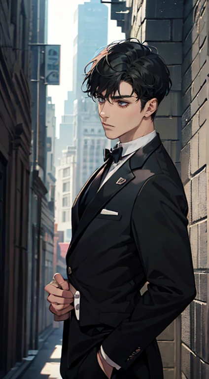 ((a young man in a black suit and tie)), taken in the early 2020s, gotham, alejandro, he looks very sophisticated, (((left side swept bang black short hair))), (dark green eyes and thick eyebrows), smirk. ((20 years old)), ((Black suite and black tie)), masterpiece, posture dynamic, one person,