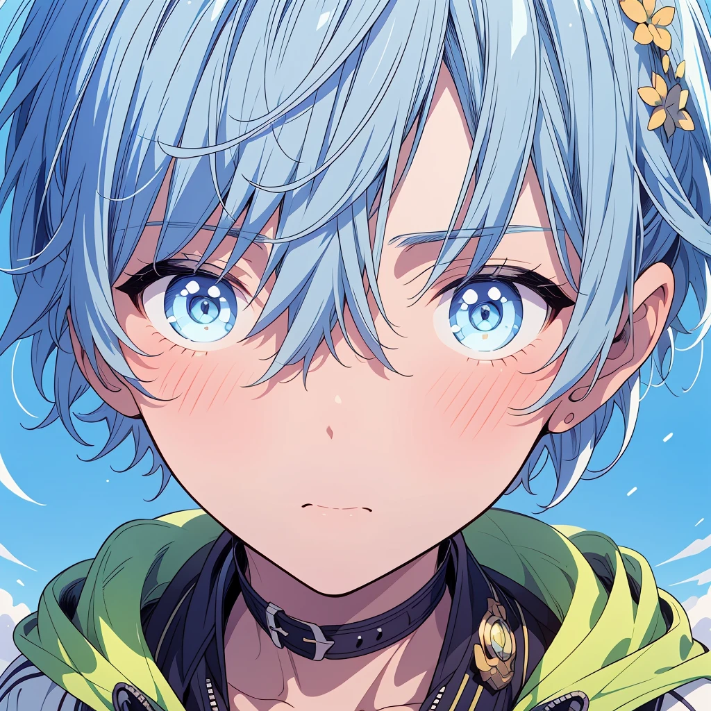 1boy、Highest quality、Masterpiece、Official Art、Dynamic composition、Handsome young boy、A mixture of light blue and white hair、I'm very surprised、Eyes wide open、Face close-up、