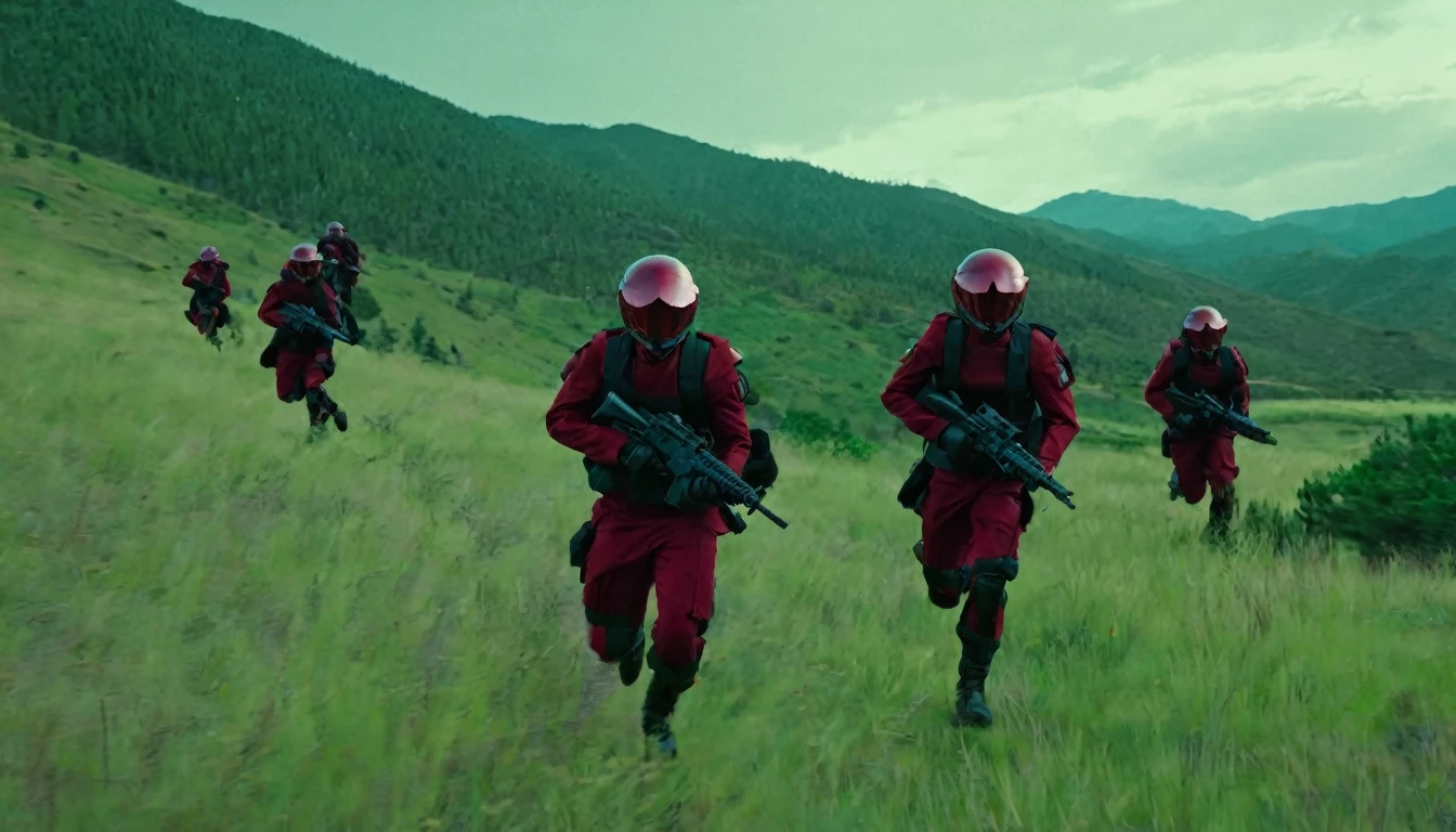 Soldiers in dark red military uniform wearing a futuristic helmet, run through the steppe with some green areas and a little bit of hills and pine trees