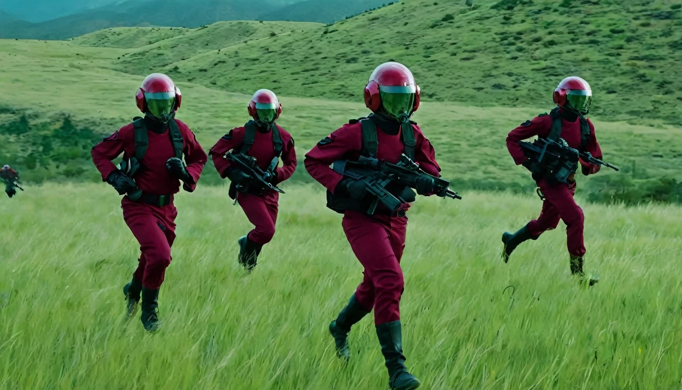 Soldiers in dark red military uniform wearing a futuristic helmet, run through the steppe with some green areas and a little bit of hills and pine trees
